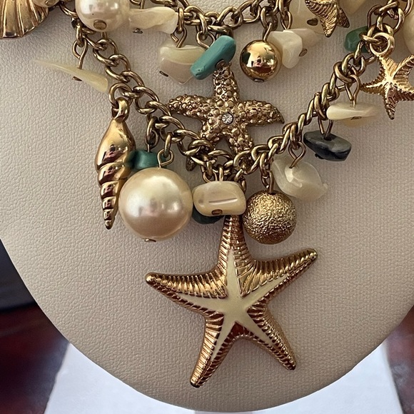 Gold Tone Starfish Shell Necklace MOP Blue Pink Chips Rhinestones Faux Pearls - Picture 2 of 6